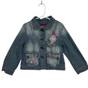 Vintage Chipie Girls Denim Jacket Blue Embroidered Flower Pockets Sz 6 Western